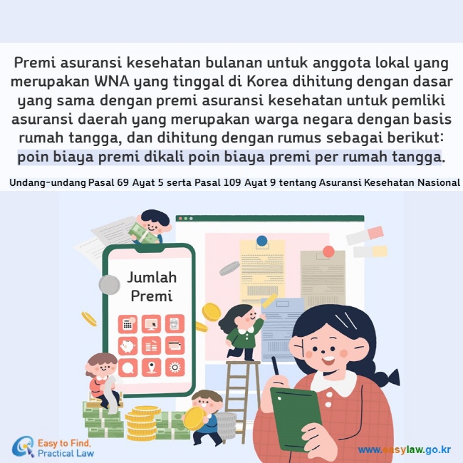 Premi asuransi kesehatan bulanan untuk anggota lokal yang merupakan WNA yang tinggal di Korea dihitung dengan dasar yang sama dengan premi asuransi kesehatan untuk pemliki asuransi daerah yang merupakan warga negara dengan basis rumah tangga, dan dihitung dengan rumus sebagai berikut: poin biaya premi dikali poin biaya premi per rumah tangga. Undang-undang Pasal 69 Ayat 5 serta Pasal 109 Ayat 9 tentang Asuransi Kesehatan Nasional Jumlah Premi